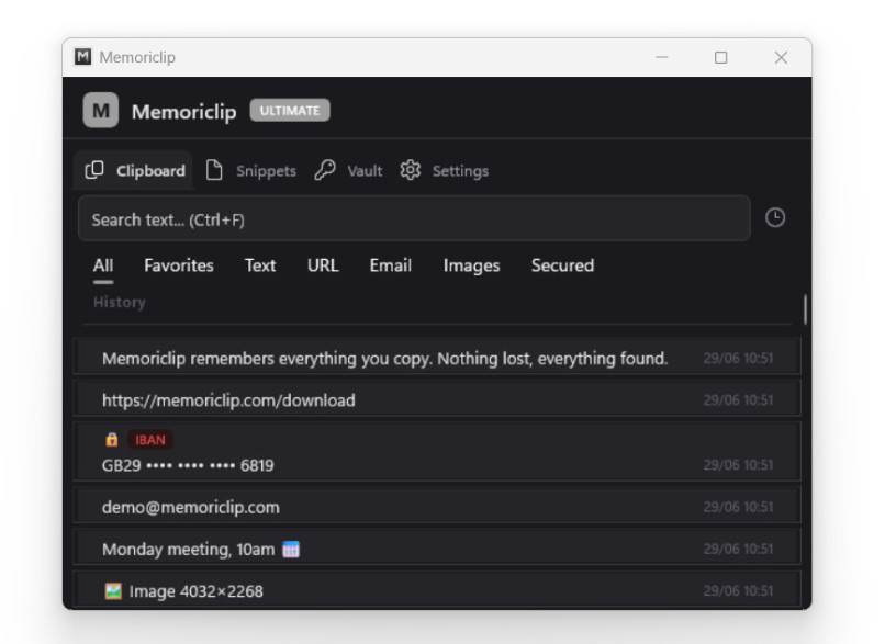 Memoriclip — Clipboard tab: instant search, filters and opened item (demo data)